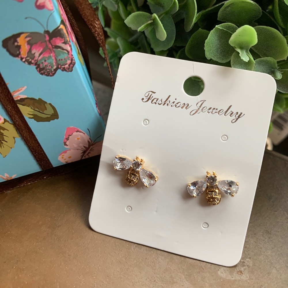 Beautiful GOLD PLATED Zircon crystals Bee earrings - Picture 6 of 8
